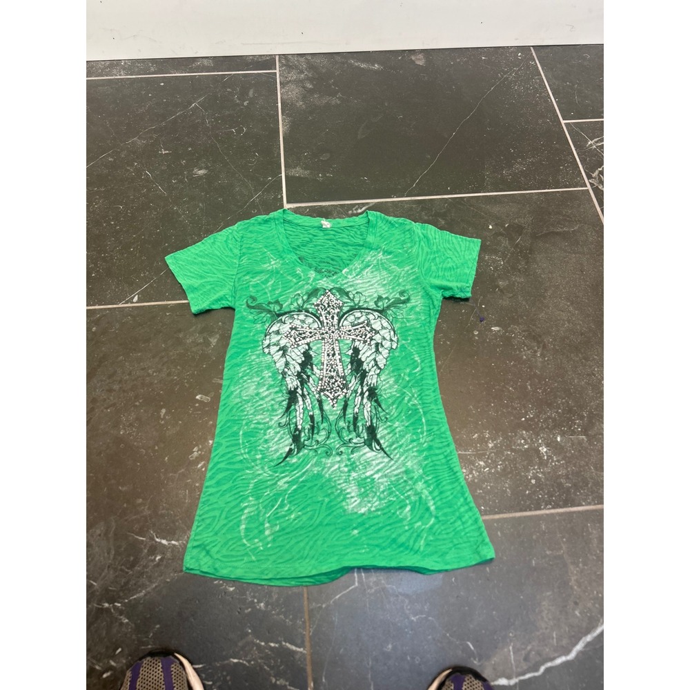 Y2K Green Rhinestone Cross Angel Wings Burnout V-Neck Graphic T-Shirt Medium